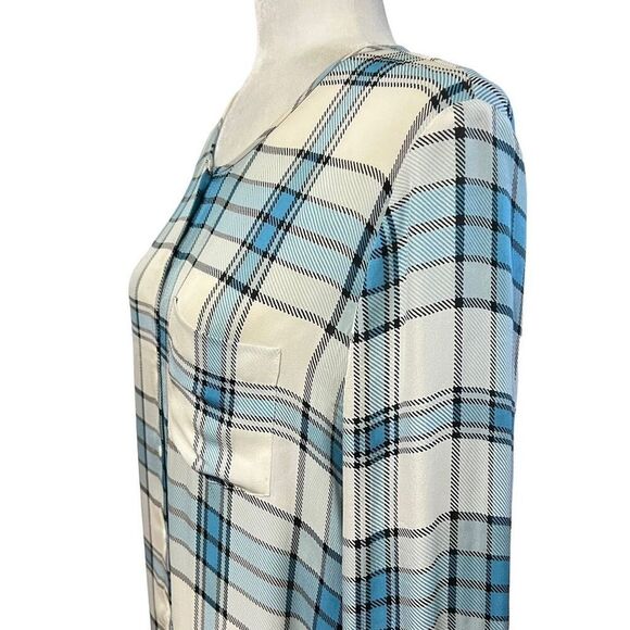 Joie Blue Multi Color Plaid Silk Shirt Medium Button Up Roll Tab Sleeves - Picture 14 of 15